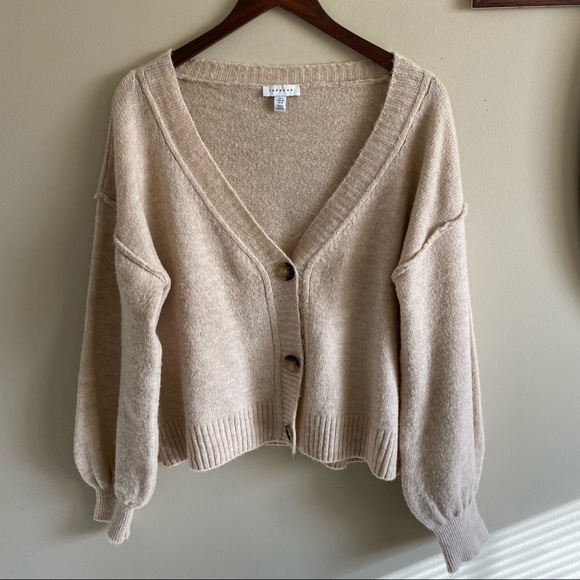 Topshop Oatmeal Tan Beige  Balloon Sleeve Drop Shoulder Cropped Cardigan Small - Picture 9 of 9